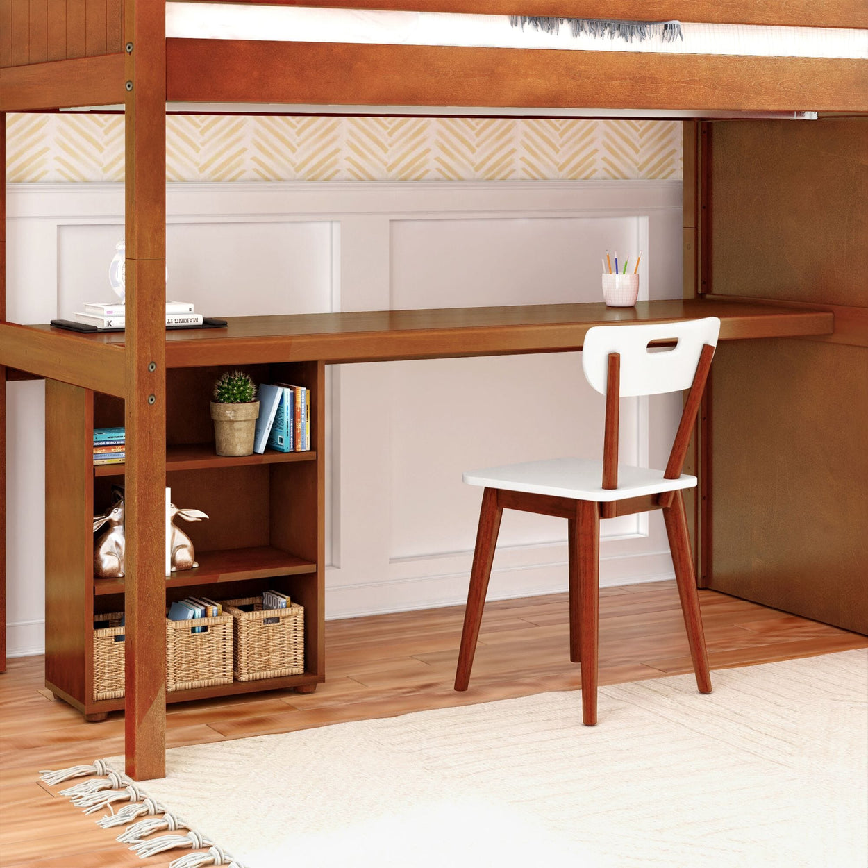 STAR18 XL CP : Storage & Study Loft Beds Twin XL High Loft w/staircase, long desk, 22.5" low bookcase, Panel, Chestnut