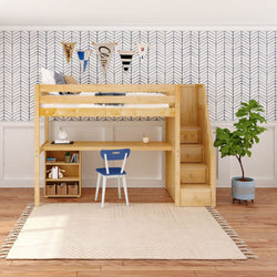 STAR18 XL NS : Study Loft Beds Twin XL High Loft w/staircase, long desk, 22.5" low bookcase, Slat, Natural