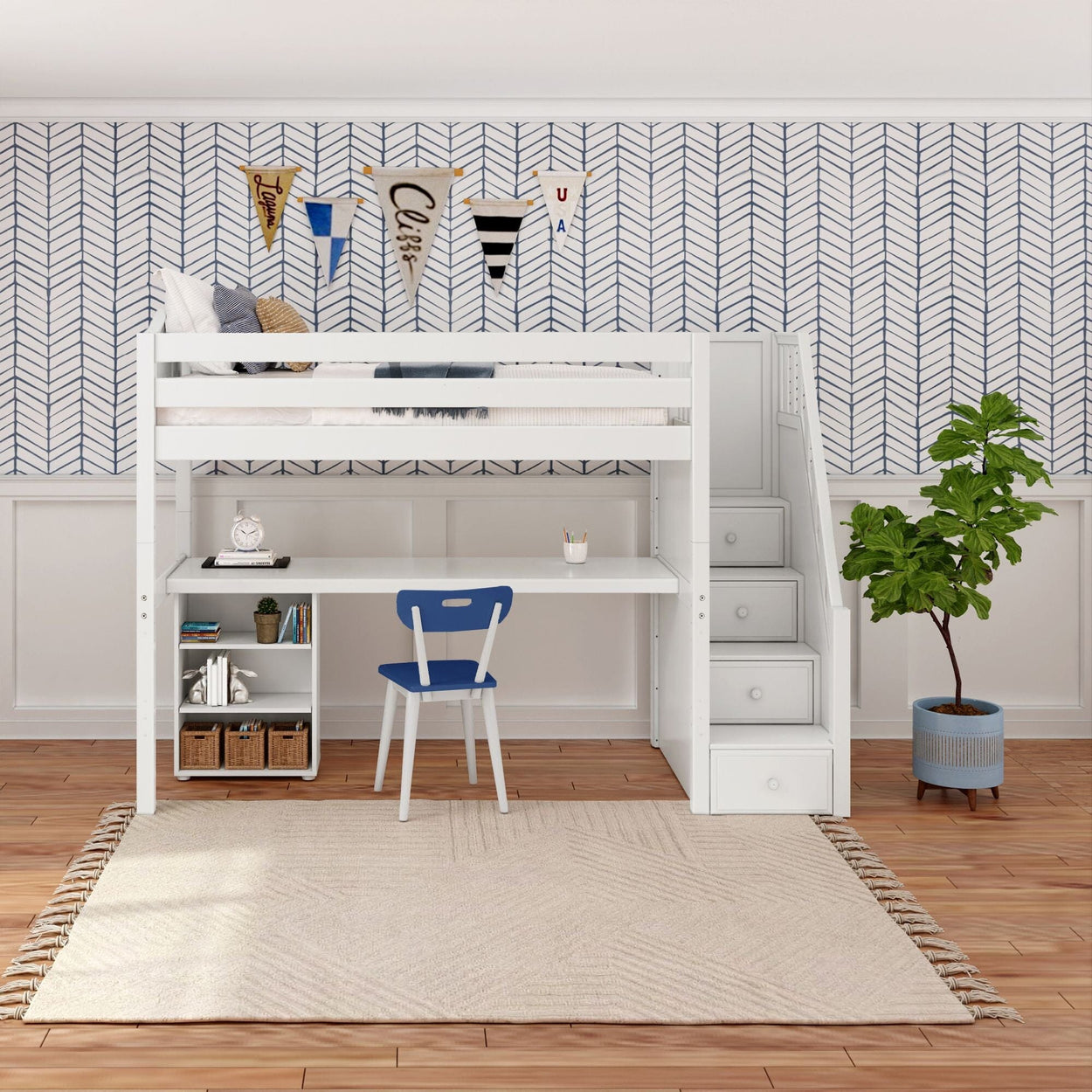 STAR18 XL WC : Storage & Study Loft Beds Twin XL High Loft w/staircase, long desk, 22.5" low bookcase, Curved, White