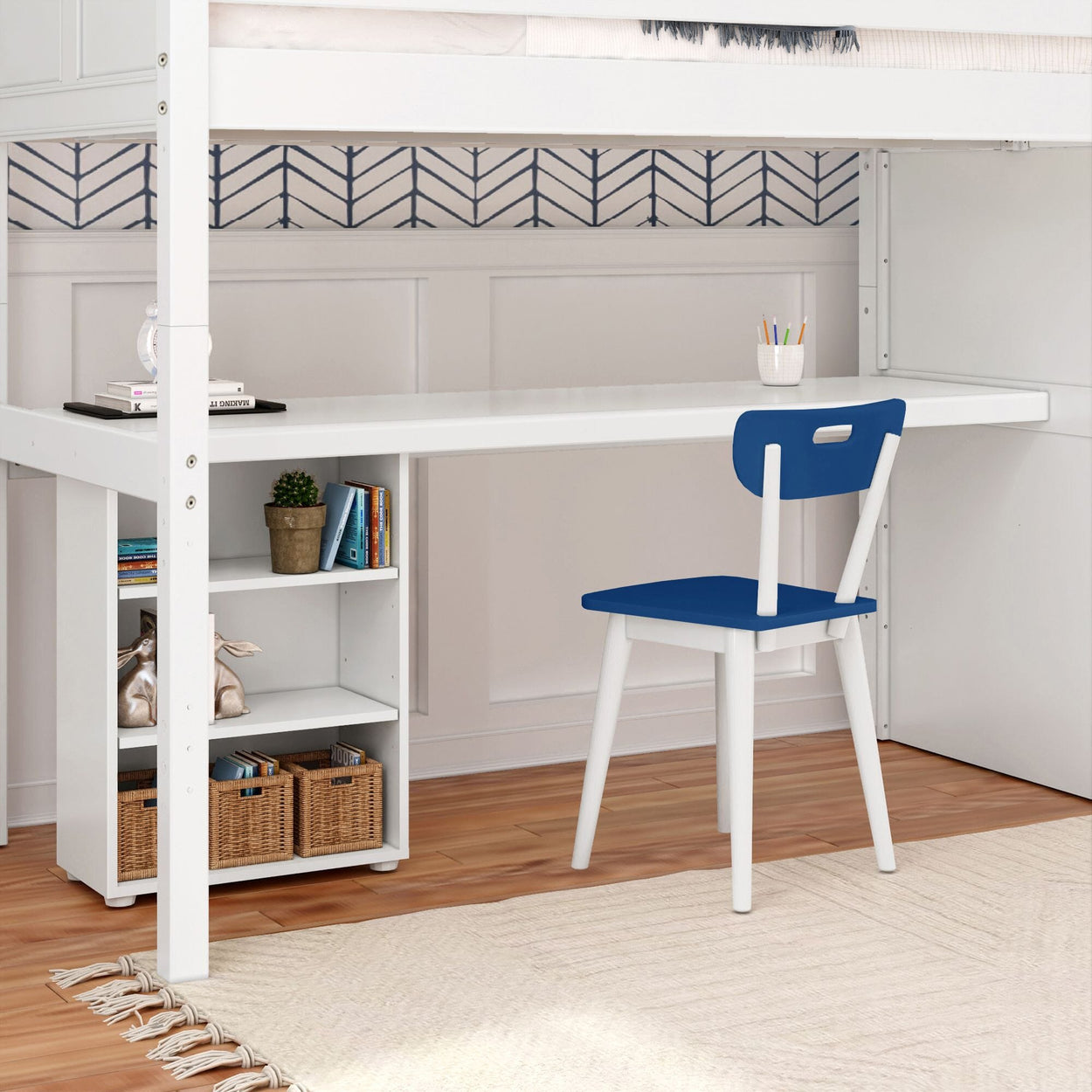 STAR18 XL WC : Storage & Study Loft Beds Twin XL High Loft w/staircase, long desk, 22.5" low bookcase, Curved, White