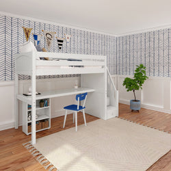 STAR18 XL WP : Storage & Study Loft Beds Twin XL High Loft w/staircase, long desk, 22.5" low bookcase, Panel, White