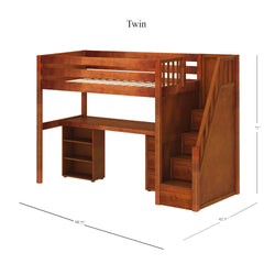 STAR19 CP : Storage & Study Loft Beds Twin High Loft w/staircase, long desk, 22.5" low bookcase, 3 drawer nightstand, Panel, Chestnut