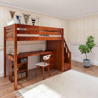 STAR19 CS : Study Loft Beds Twin High Loft w/staircase, long desk, 22.5" low bookcase, 3 drawer nightstand, Slat, Chestnut