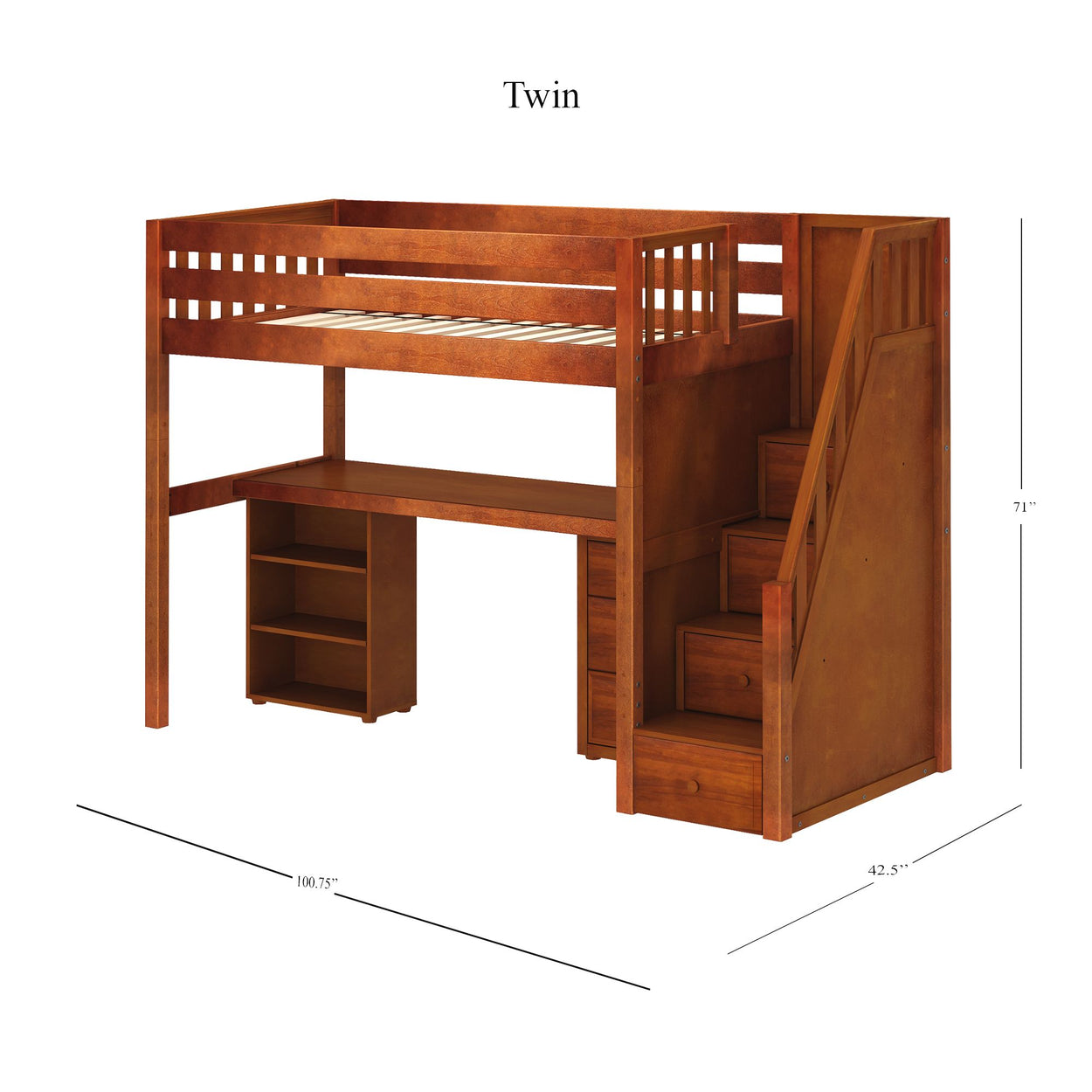 STAR19 CS : Storage & Study Loft Beds Twin High Loft w/staircase, long desk, 22.5" low bookcase, 3 drawer nightstand, Slat, Chestnut