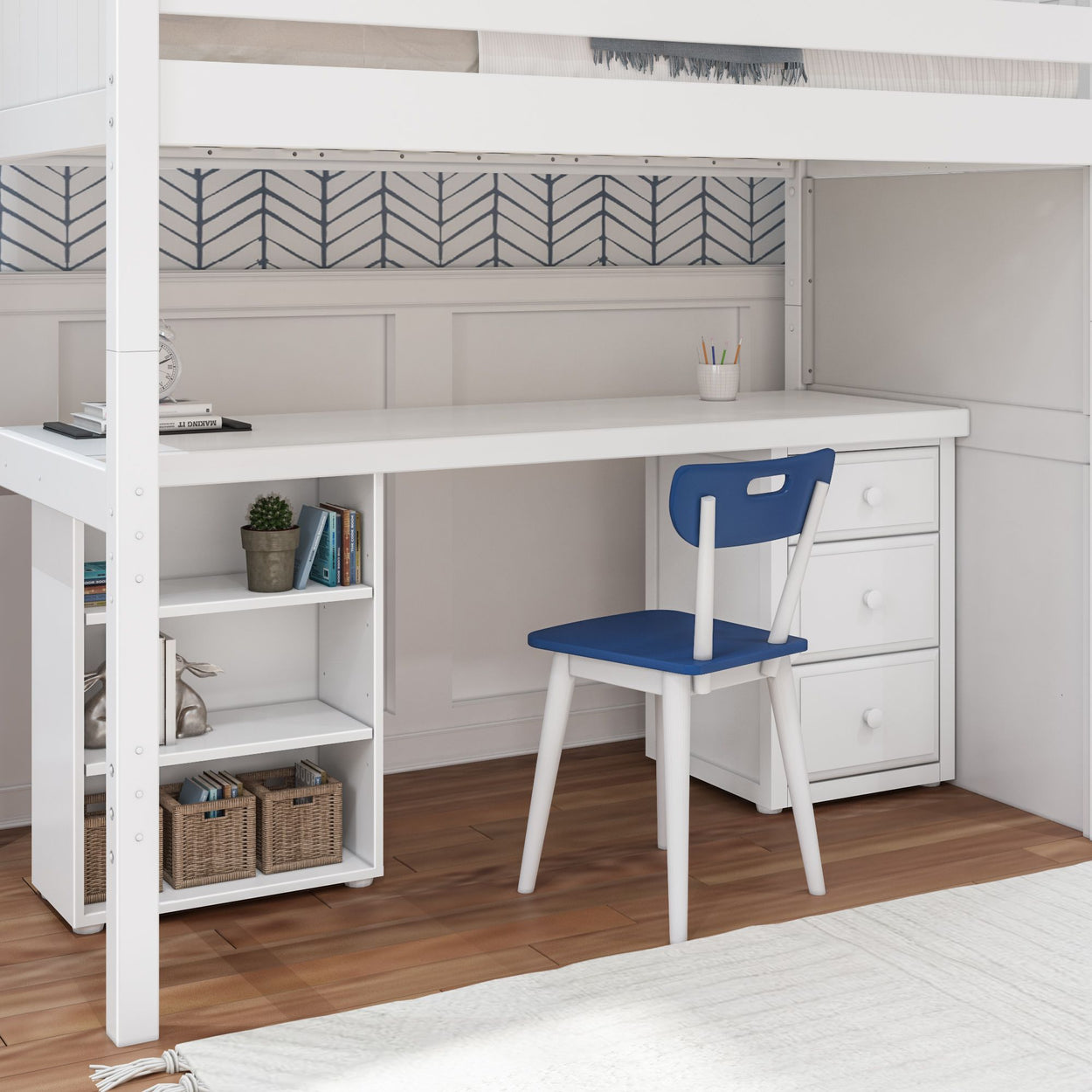 STAR19 WP : Storage & Study Loft Beds Twin High Loft w/staircase, long desk, 22.5" low bookcase, 3 drawer nightstand, Panel, White