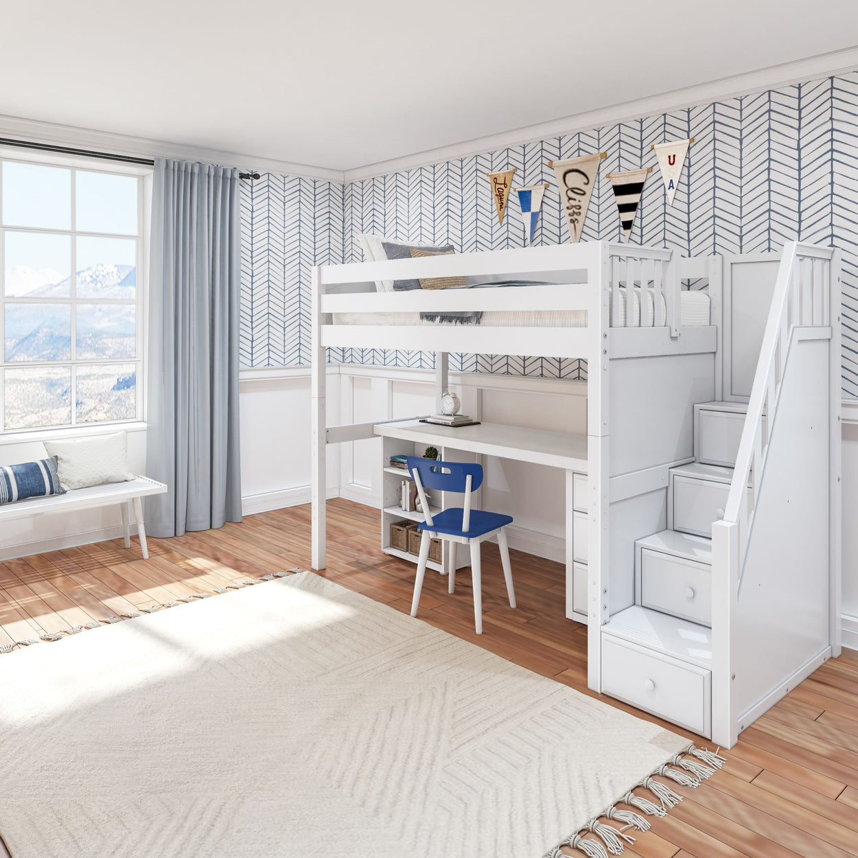 STAR19 WP : Storage & Study Loft Beds Twin High Loft w/staircase, long desk, 22.5" low bookcase, 3 drawer nightstand, Panel, White