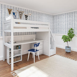 STAR19 WS : Storage & Study Loft Beds Twin High Loft w/staircase, long desk, 22.5" low bookcase, 3 drawer nightstand, Slat, White