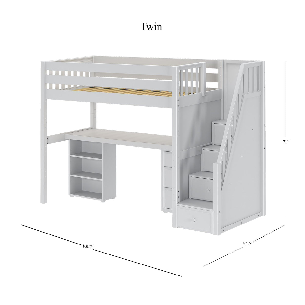 STAR19 WS : Storage & Study Loft Beds Twin High Loft w/staircase, long desk, 22.5" low bookcase, 3 drawer nightstand, Slat, White