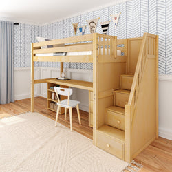 STAR19 XL NP : Storage & Study Loft Beds Twin XL High Loft w/staircase, long desk, 22.5" low bookcase, 3 drawer nightstand, Panel, Natural