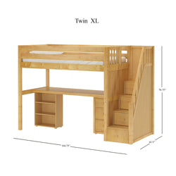 STAR19 XL NP : Storage & Study Loft Beds Twin XL High Loft w/staircase, long desk, 22.5" low bookcase, 3 drawer nightstand, Panel, Natural