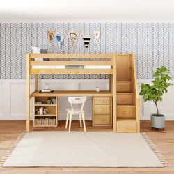 STAR19 XL NS : Storage & Study Loft Beds Twin XL High Loft w/staircase, long desk, 22.5" low bookcase, 3 drawer nightstand, Slat, Natural