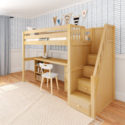 STAR19 XL NS : Storage & Study Loft Beds Twin XL High Loft w/staircase, long desk, 22.5" low bookcase, 3 drawer nightstand, Slat, Natural