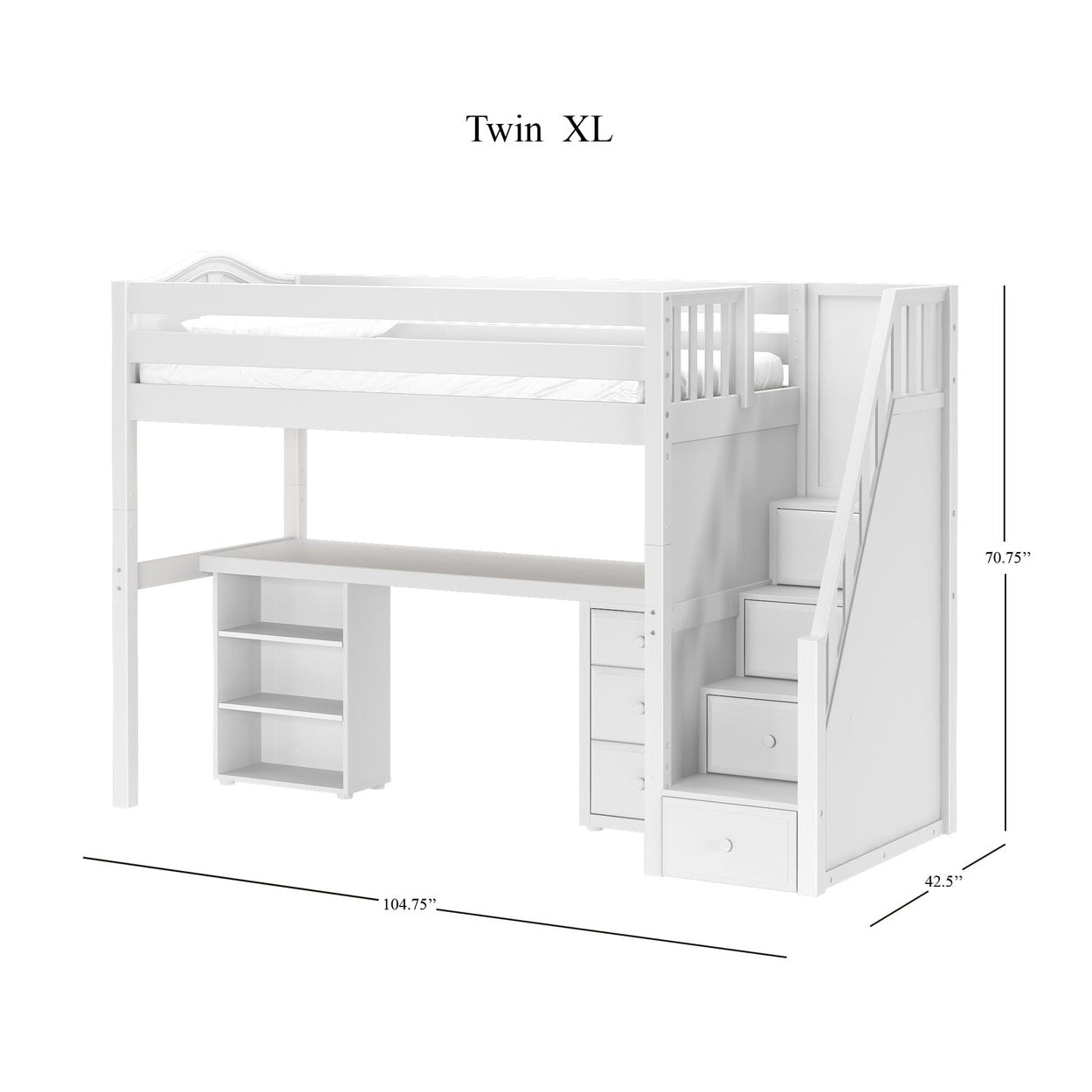 STAR19 XL WC : Storage & Study Loft Beds Twin XL High Loft w/staircase, long desk, 22.5" low bookcase, 3 drawer nightstand, Curved, White