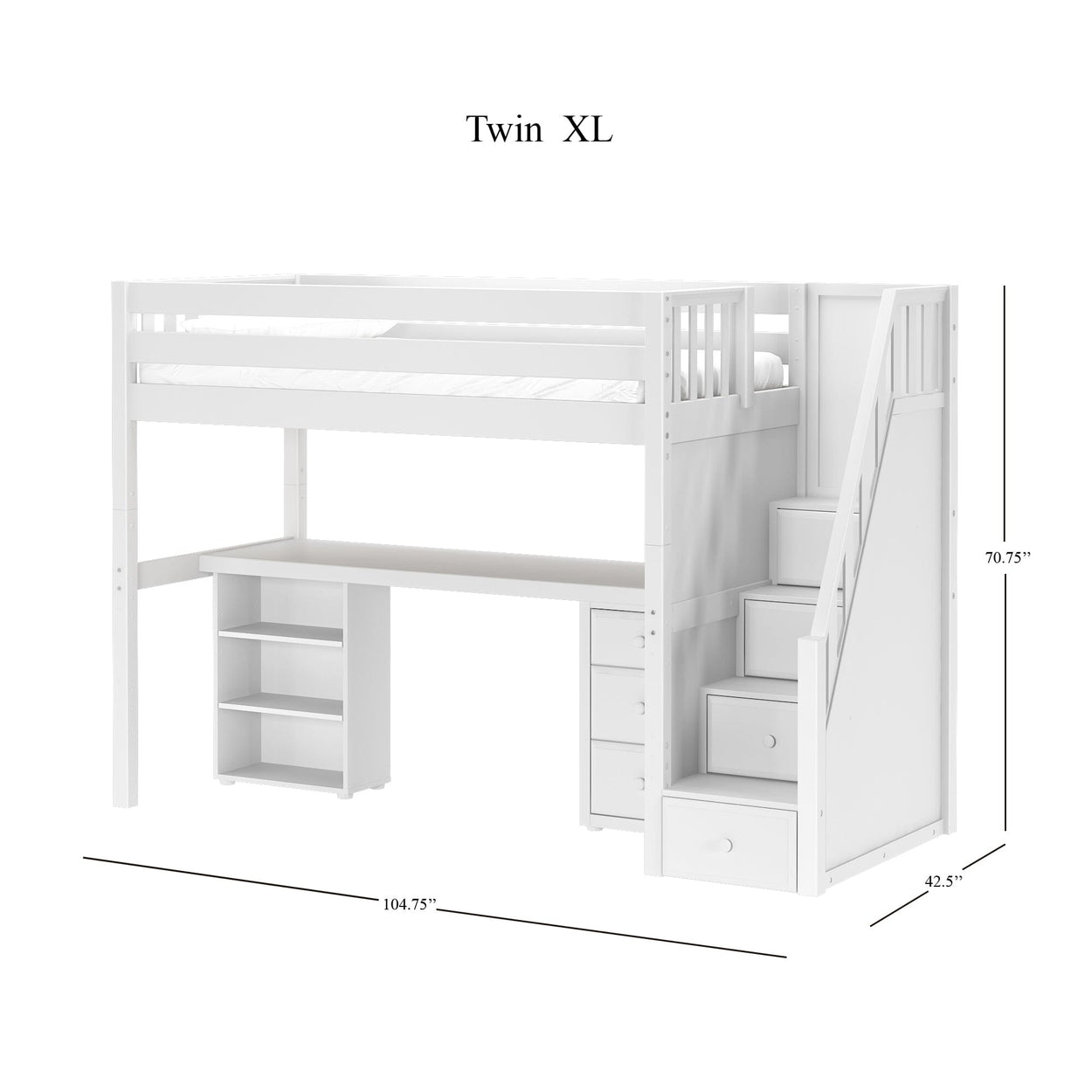 STAR19 XL WS : Storage & Study Loft Beds Twin XL High Loft w/staircase, long desk, 22.5" low bookcase, 3 drawer nightstand, Slat, White