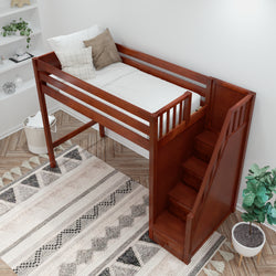 STAR CP : Standard Loft Beds Twin High Loft Bed with Stairs, Panel, Chestnut