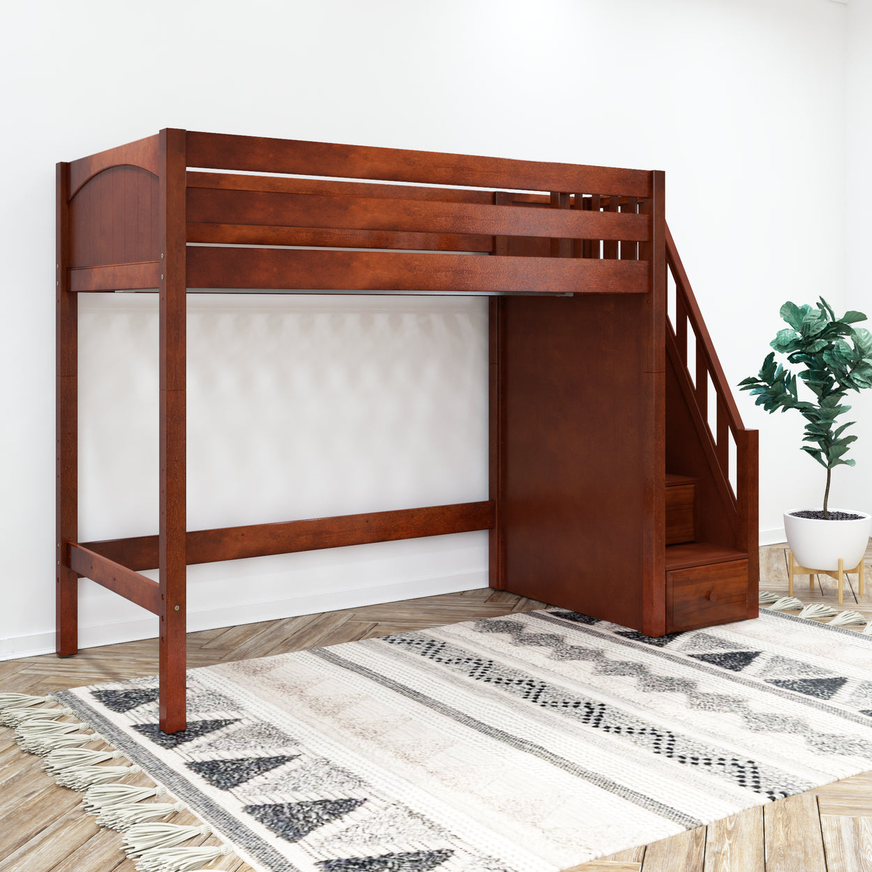 STAR CP : Standard Loft Beds Twin High Loft Bed with Stairs, Panel, Chestnut