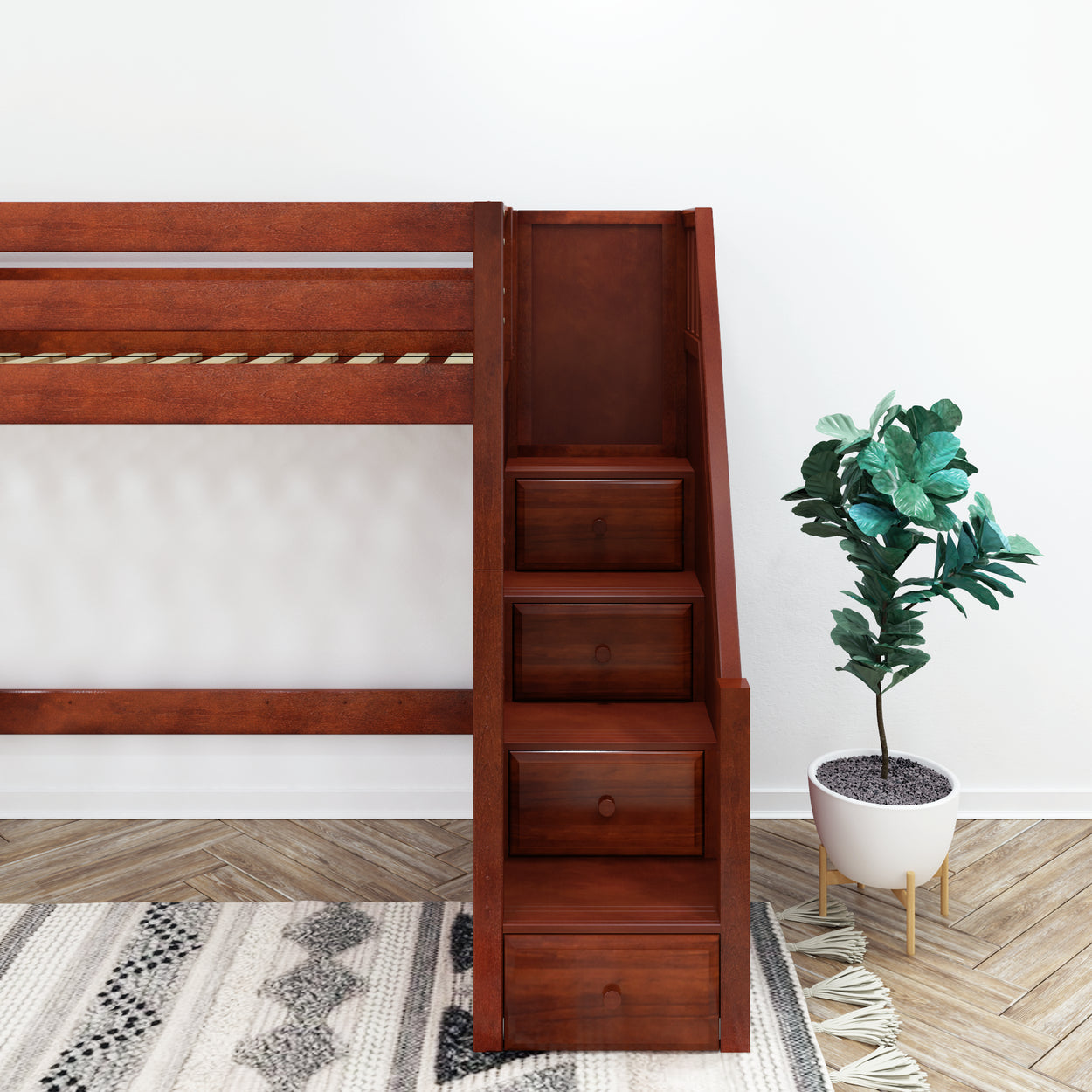 STAR CP : Standard Loft Beds Twin High Loft Bed with Stairs, Panel, Chestnut