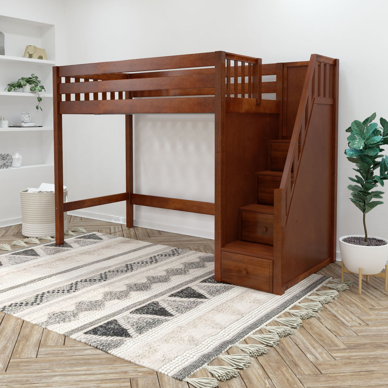 STAR CS : Standard Loft Beds Twin High Loft Bed with Stairs, Slat, Chestnut