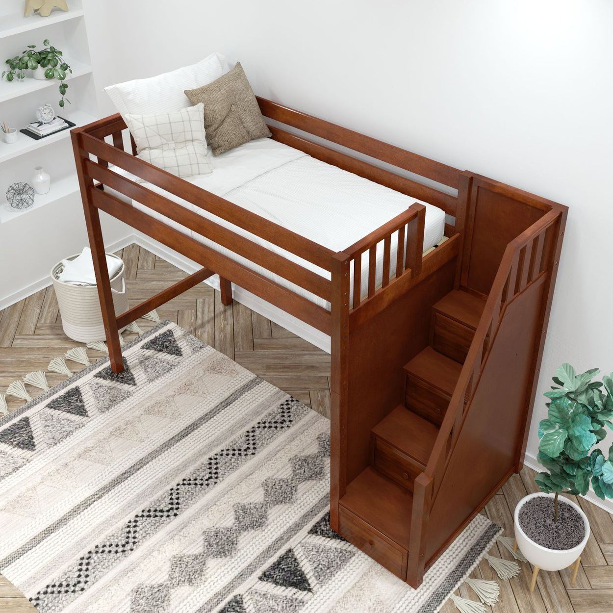 STAR CS : Loft Bed Twin High Loft Bed with Stairs, Slat, Chestnut