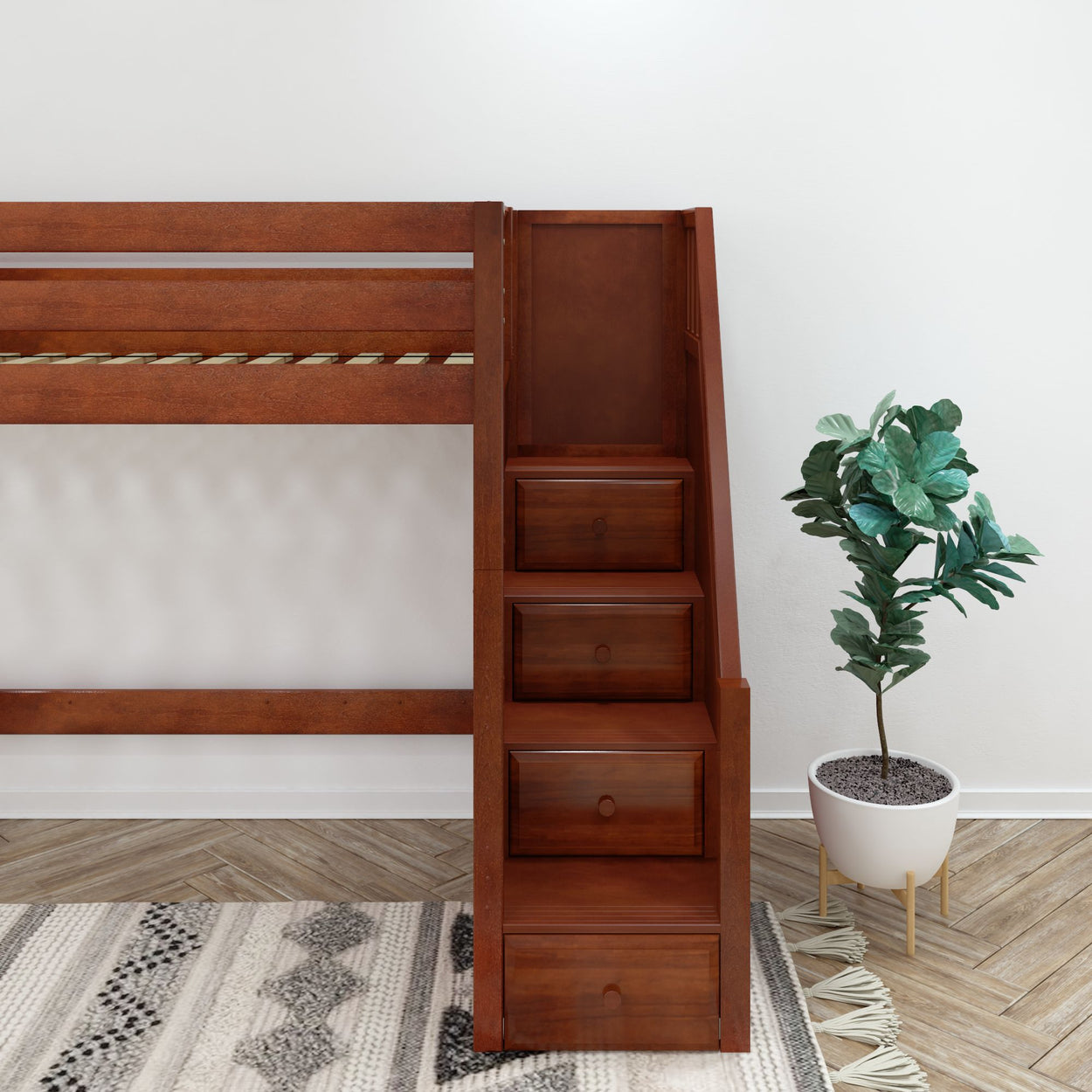 STAR CS : Staircase Loft Beds Twin High Loft Bed with Stairs, Slat, Chestnut