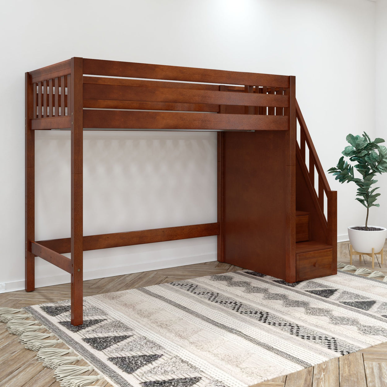 STAR CS : Staircase Loft Beds Twin High Loft Bed with Stairs, Slat, Chestnut