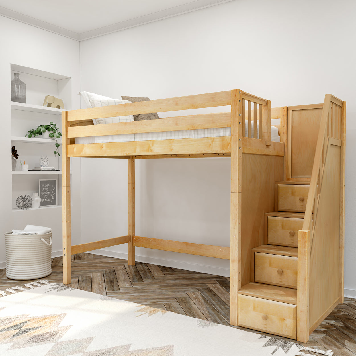 STAR NP : Standard Loft Beds Twin High Loft Bed with Stairs, Panel, Natural