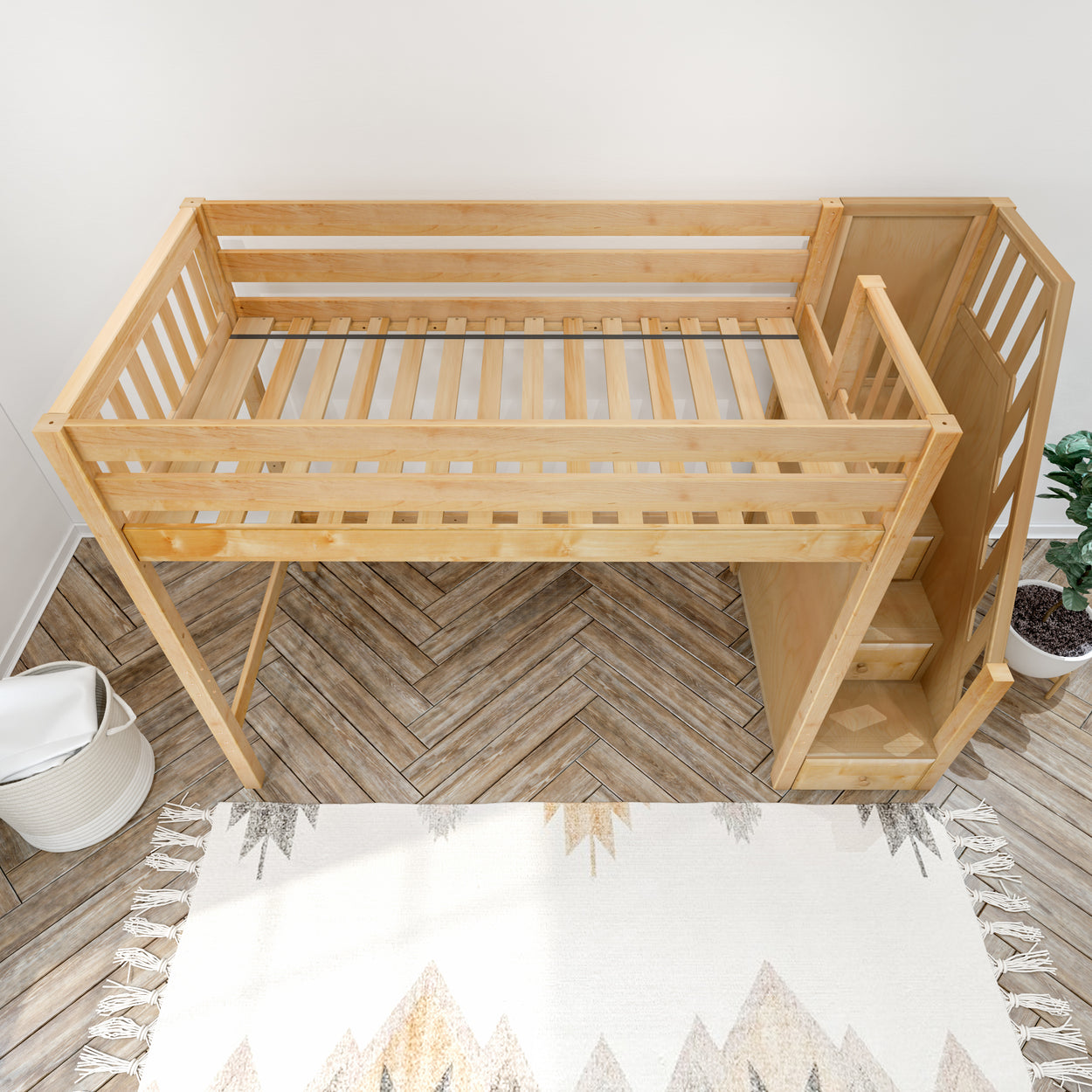 STAR NS : Loft Bed Twin High Loft Bed with Stairs, Slat, Natural