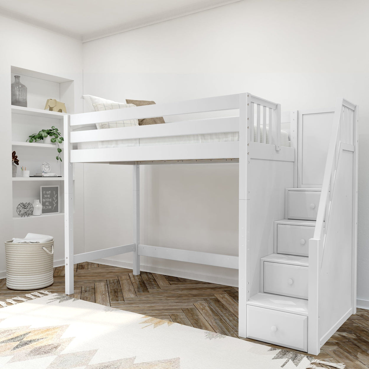 STAR WP : Standard Loft Beds Twin High Loft Bed with Stairs, Panel, White