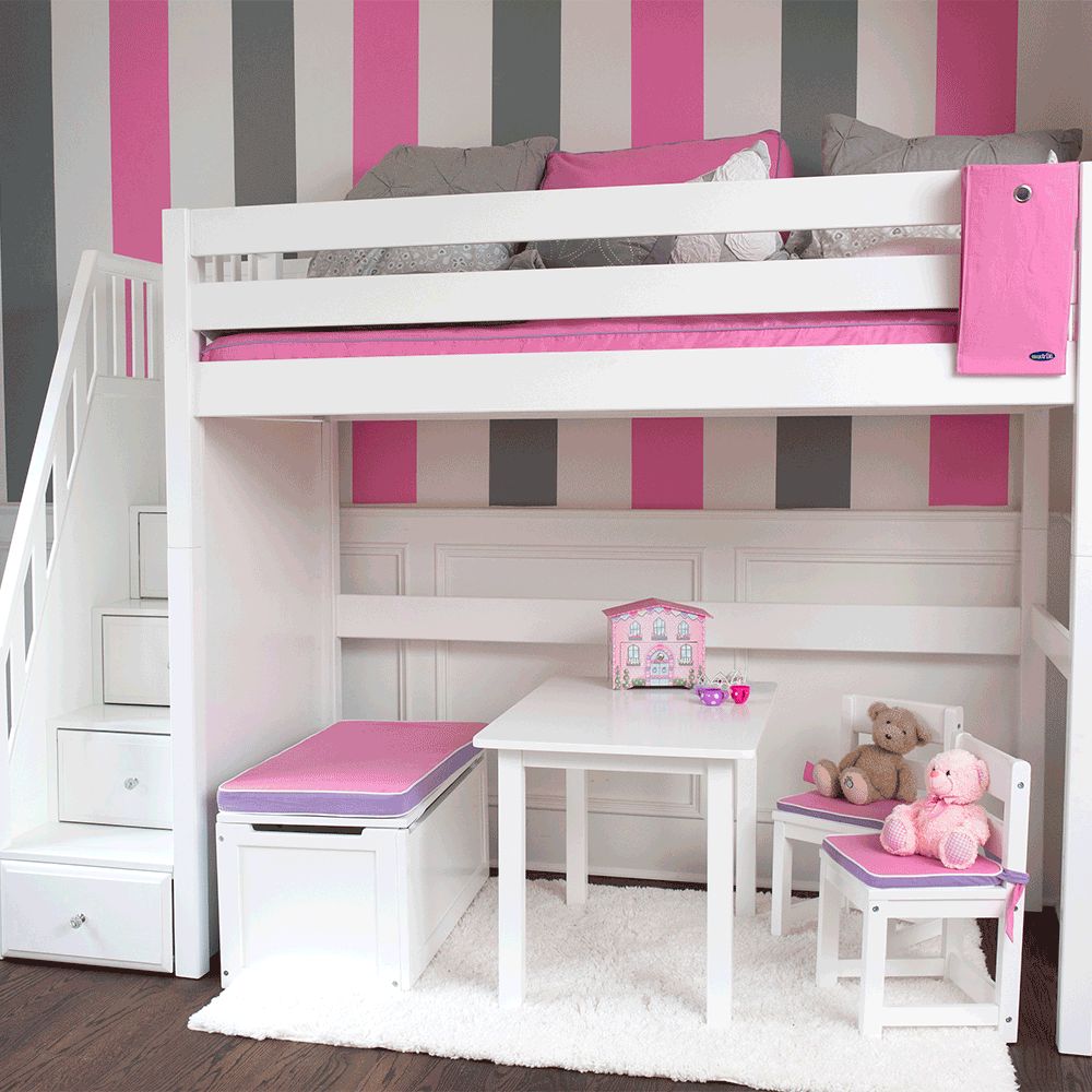 STAR WS : Standard Loft Beds Twin High Loft Bed with Stairs, Slat, White