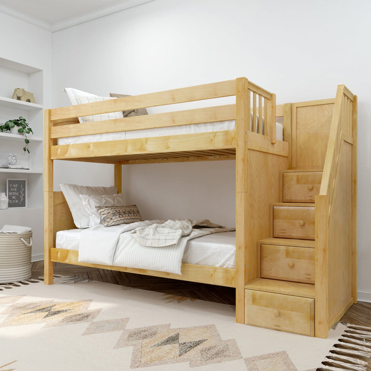 STELLAR NP : Classic Bunk Beds Twin Medium Bunk Bed with Stairs, Panel, Natural