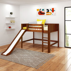 SUGAR CP : Loft Bed Full Mid Loft Bed with Slide and Straight Ladder on Front, Panel, Chestnut