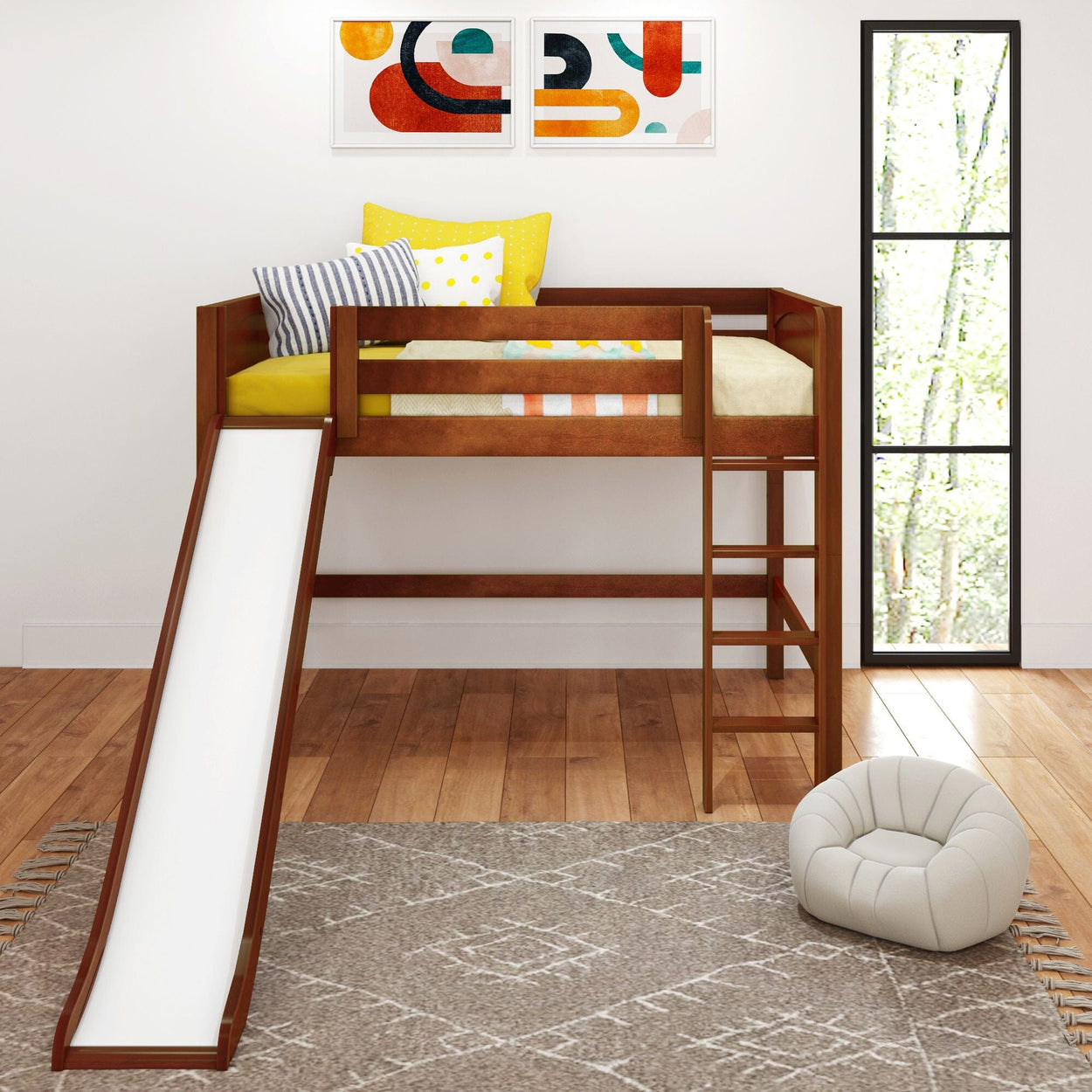 SUGAR CP : Play Loft Beds Full Mid Loft Bed with Slide and Straight Ladder on Front, Panel, Chestnut