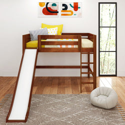 SUGAR CP : Loft Bed Full Mid Loft Bed with Slide and Straight Ladder on Front, Panel, Chestnut