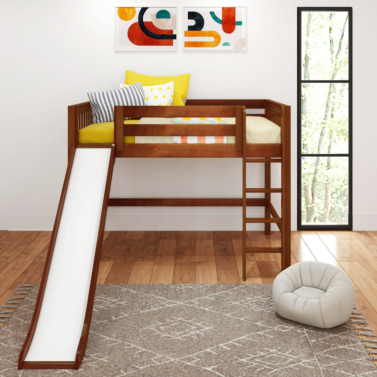 SUGAR CS : Loft Bed Full Mid Loft Bed with Slide and Straight Ladder on Front, Slat, Chestnut