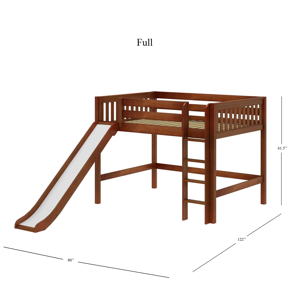 SUGAR CS : Loft Bed Full Mid Loft Bed with Slide and Straight Ladder on Front, Slat, Chestnut