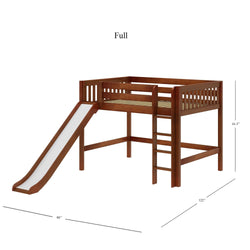 SUGAR CS : Loft Bed Full Mid Loft Bed with Slide and Straight Ladder on Front, Slat, Chestnut