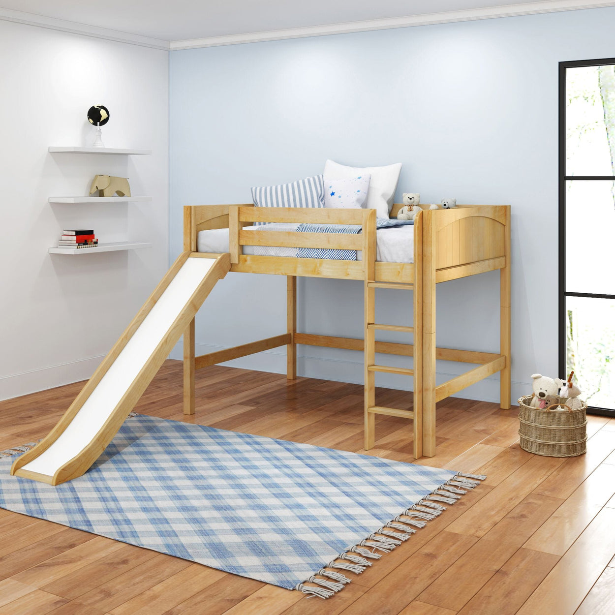 SUGAR NP : Loft Bed Full Mid Loft Bed with Slide and Straight Ladder on Front, Panel, Natural