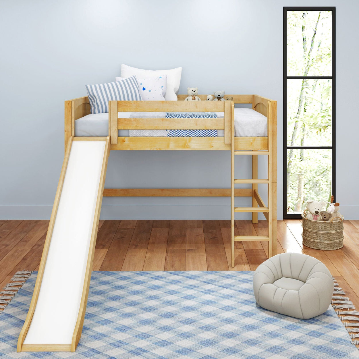 SUGAR NP : Loft Bed Full Mid Loft Bed with Slide and Straight Ladder on Front, Panel, Natural