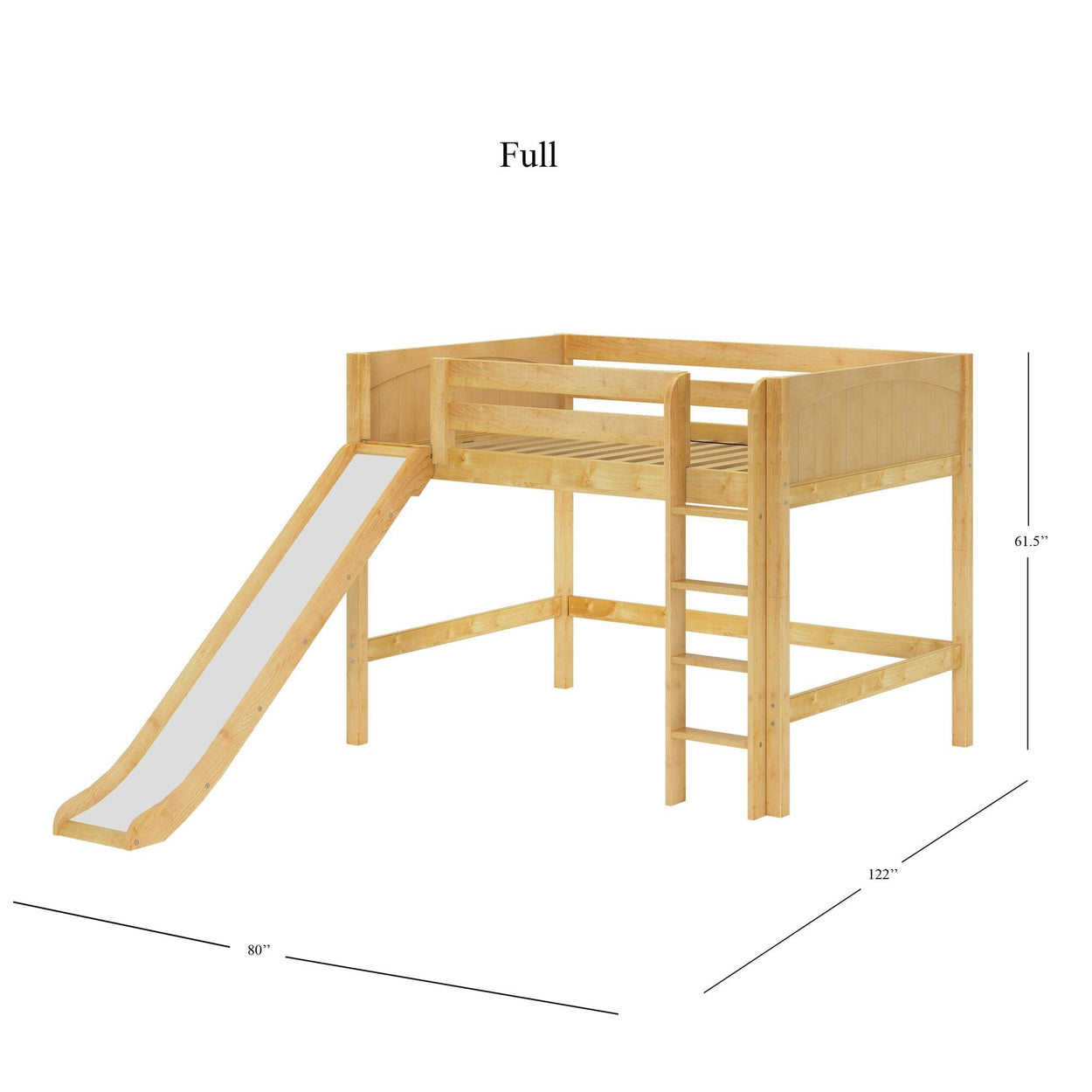 SUGAR NP : Play Loft Beds Full Mid Loft Bed with Slide and Straight Ladder on Front, Panel, Natural