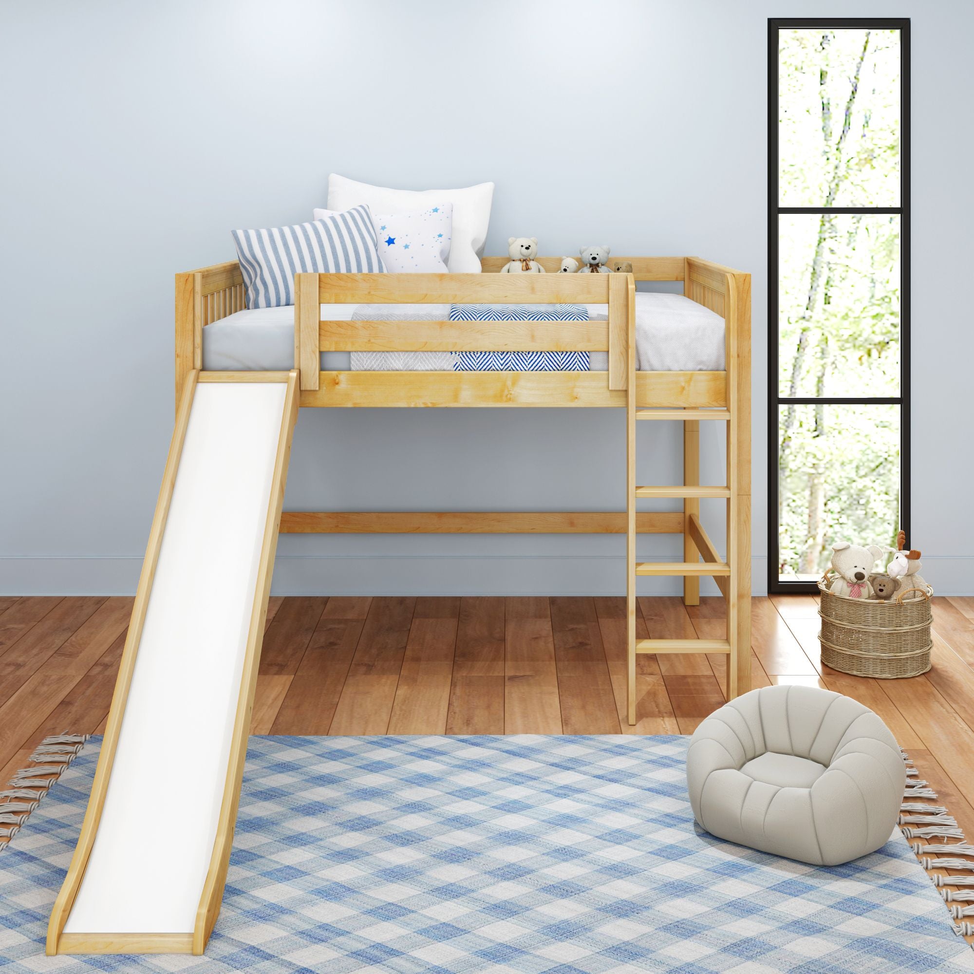 Full Mid Loft Bed with Slide and Ladder Maxtrix Kids