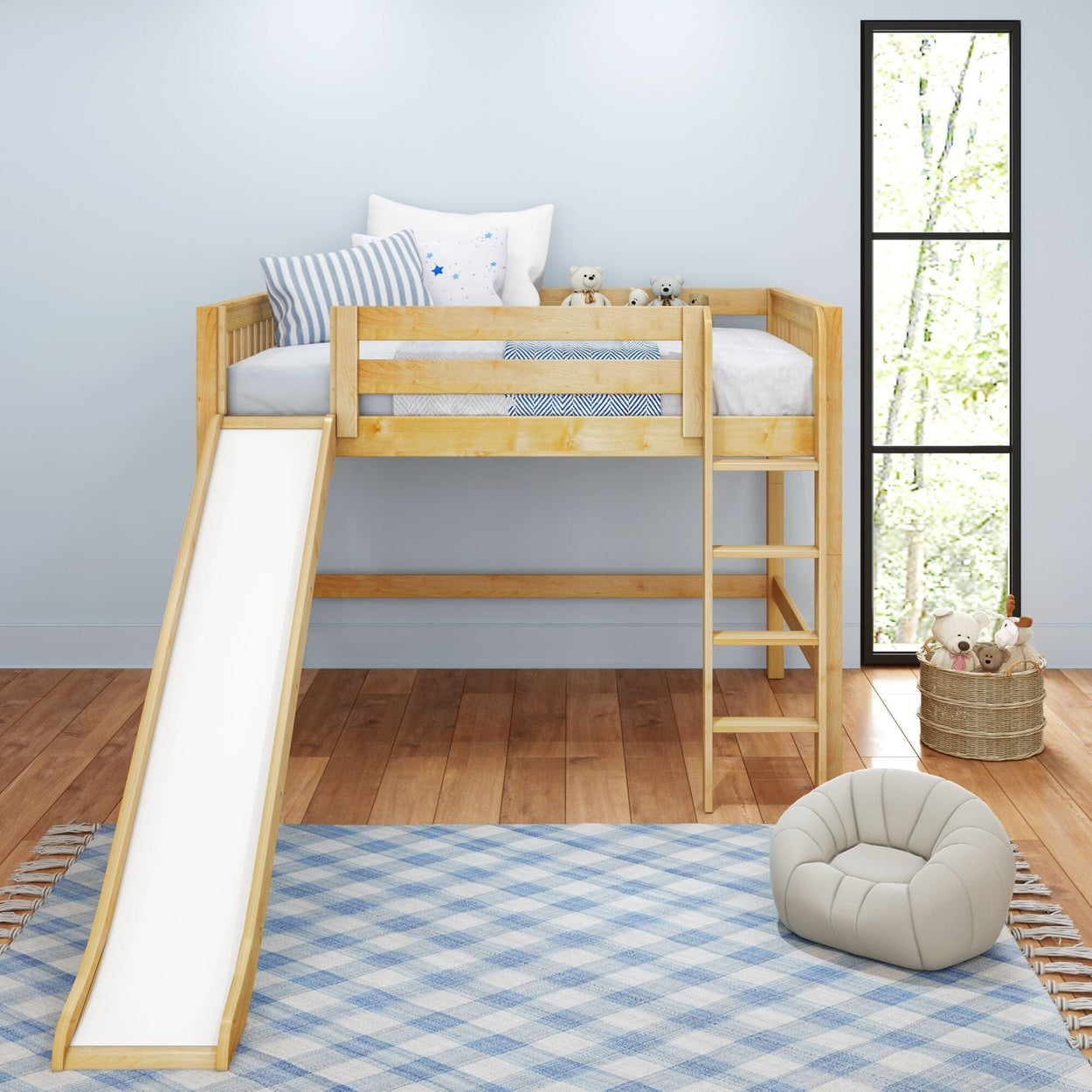 SUGAR NS : Loft Bed Full Mid Loft Bed with Slide and Straight Ladder on Front, Slat, Natural