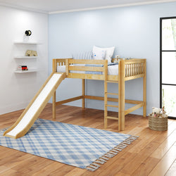 SUGAR NS : Loft Bed Full Mid Loft Bed with Slide and Straight Ladder on Front, Slat, Natural