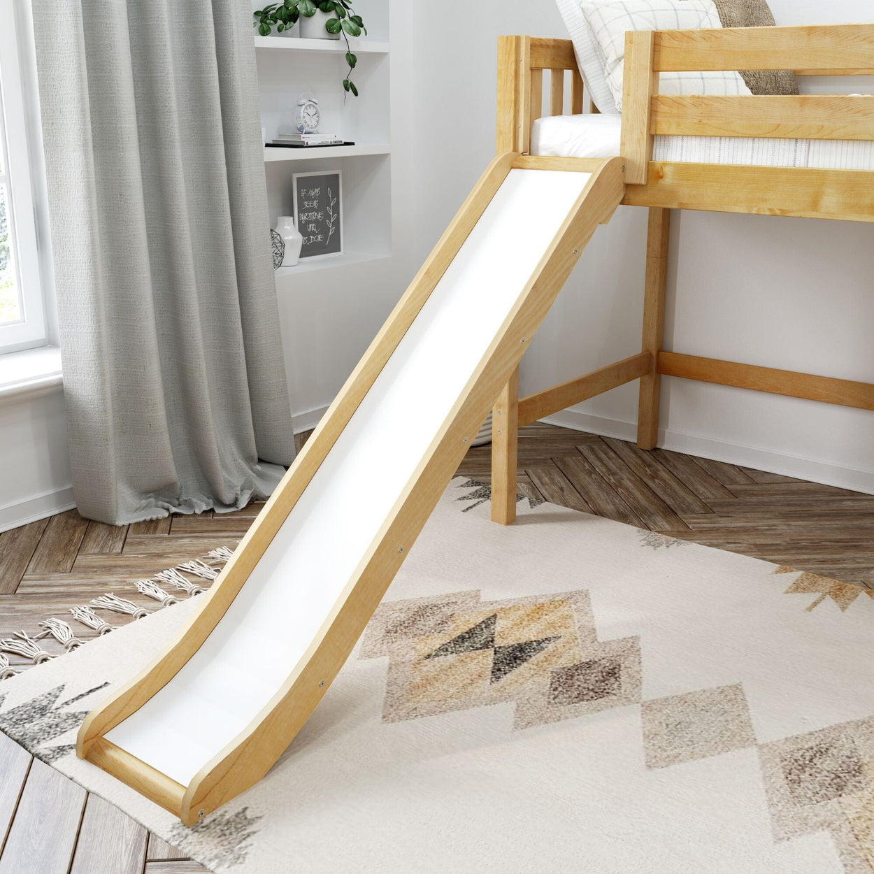 SUGAR NS : Loft Bed Full Mid Loft Bed with Slide and Straight Ladder on Front, Slat, Natural