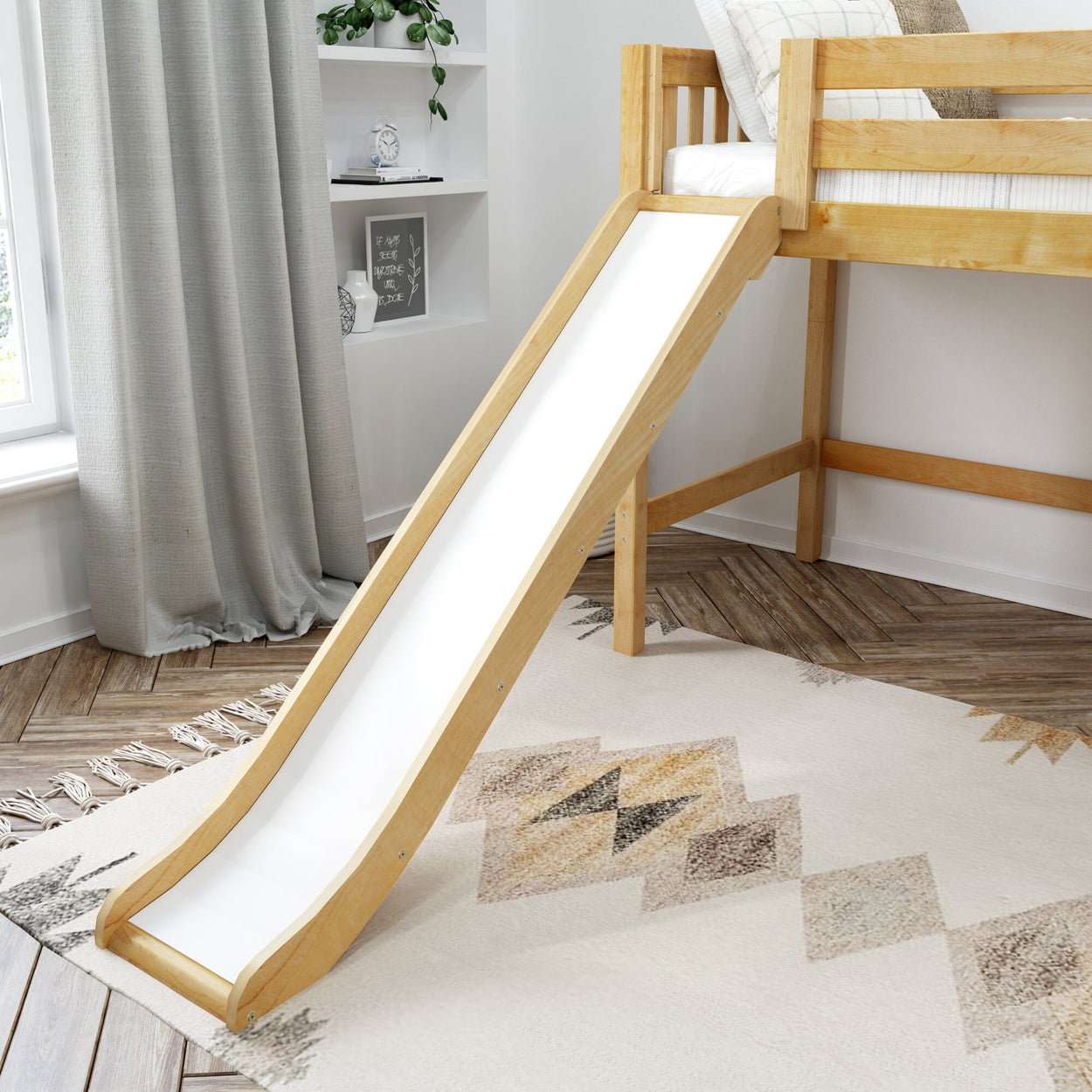 SUGAR NS : Play Loft Beds Full Mid Loft Bed with Slide and Straight Ladder on Front, Slat, Natural