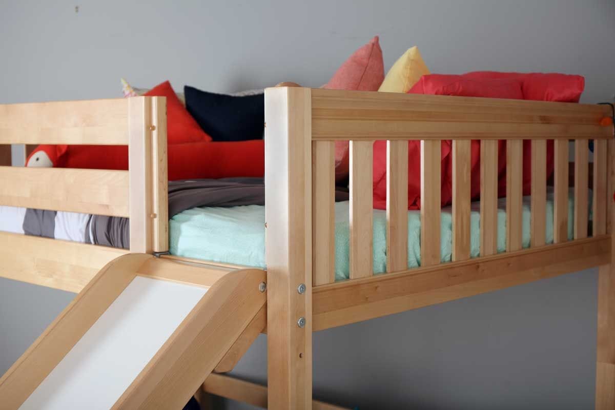 SUGAR NS : Play Loft Beds Full Mid Loft Bed with Slide and Straight Ladder on Front, Slat, Natural