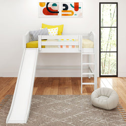 SUGAR WC : Play Loft Beds Full Mid Loft Bed with Slide and Straight Ladder on Front, Curved, White