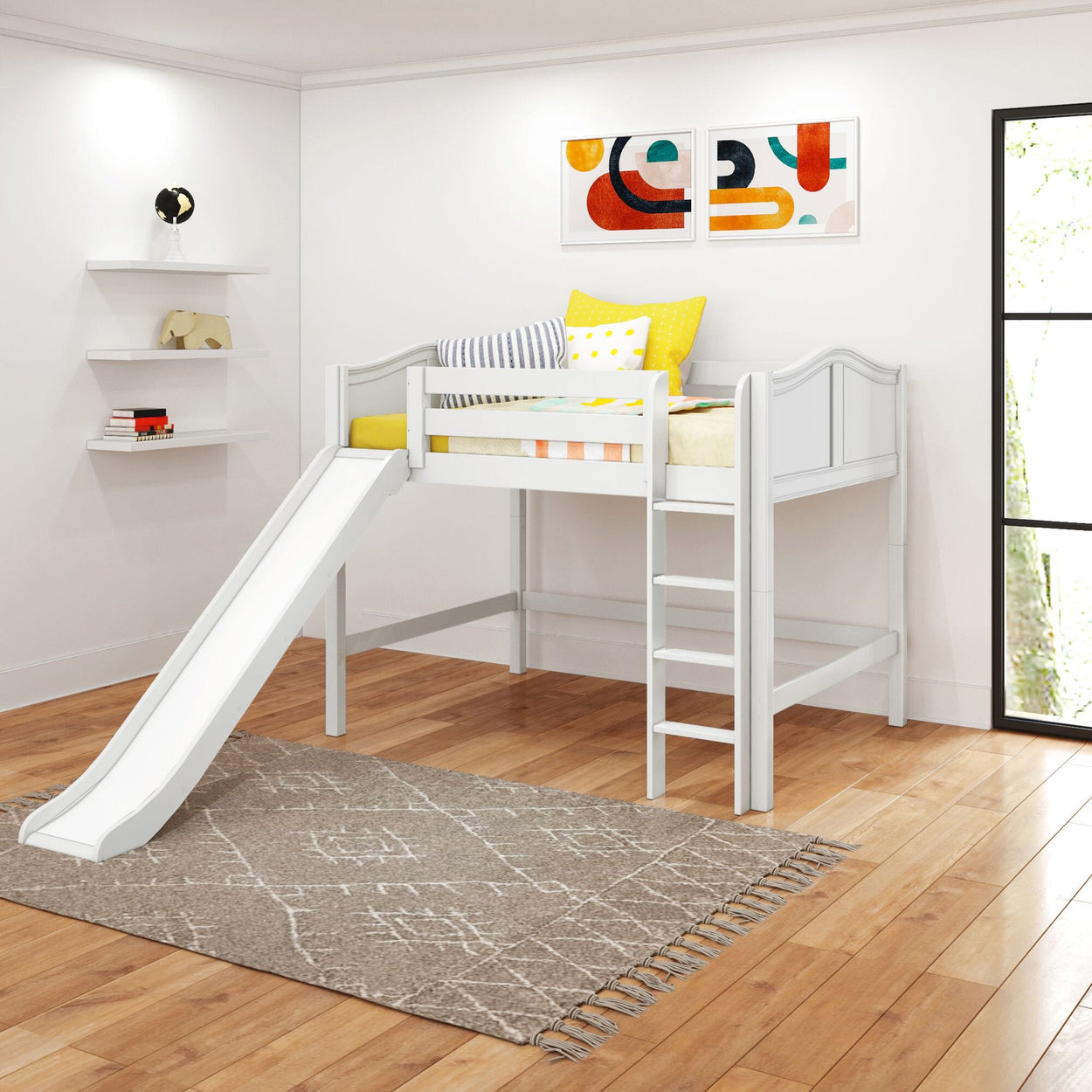 SUGAR WC : Play Loft Beds Full Mid Loft Bed with Slide and Straight Ladder on Front, Curved, White