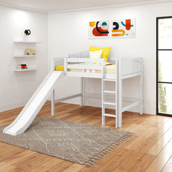 SUGAR WP : Play Loft Beds Full Mid Loft Bed with Slide and Straight Ladder on Front, Panel, White