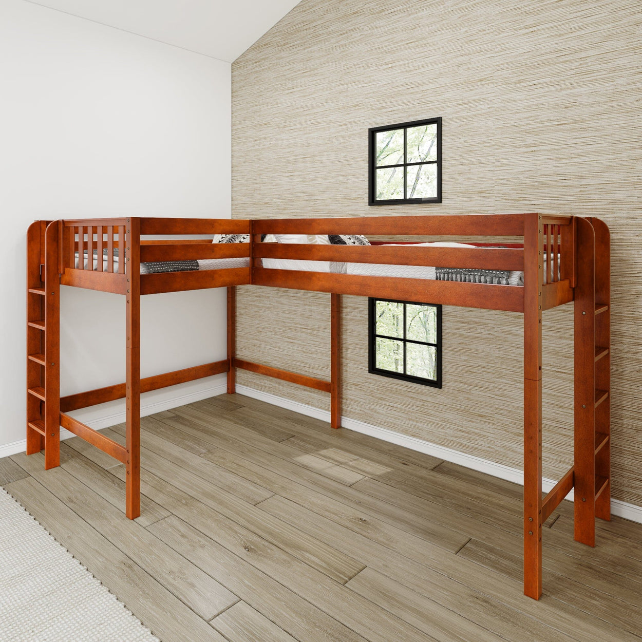 SUMMIT 1 CP : Corner Loft Beds Twin Full High Corner Loft Bed with Ladders on End, Panel, Chestnut