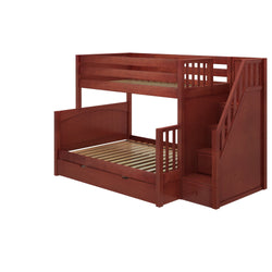 SUMO TD CP : Staggered Bunk Beds Medium Twin over Full Bunk Bed with Stairs and Trundle Drawer, Panel, Chestnut